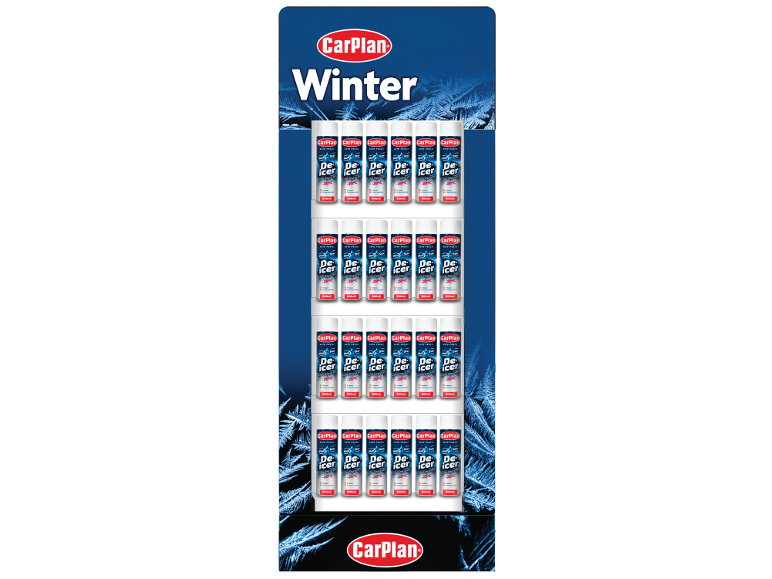 Display with four shelves filled with windshield de-icer spray cans.