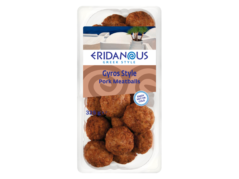 Gyros style pork meatballs in packaging, with a Greek landscape background.