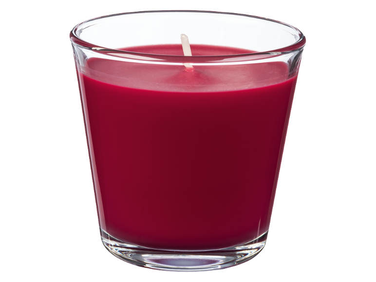 Red candle in a glass votive.
