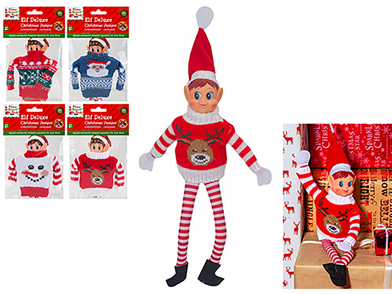 Christmas sweaters for elves and an elf doll in various festive designs.