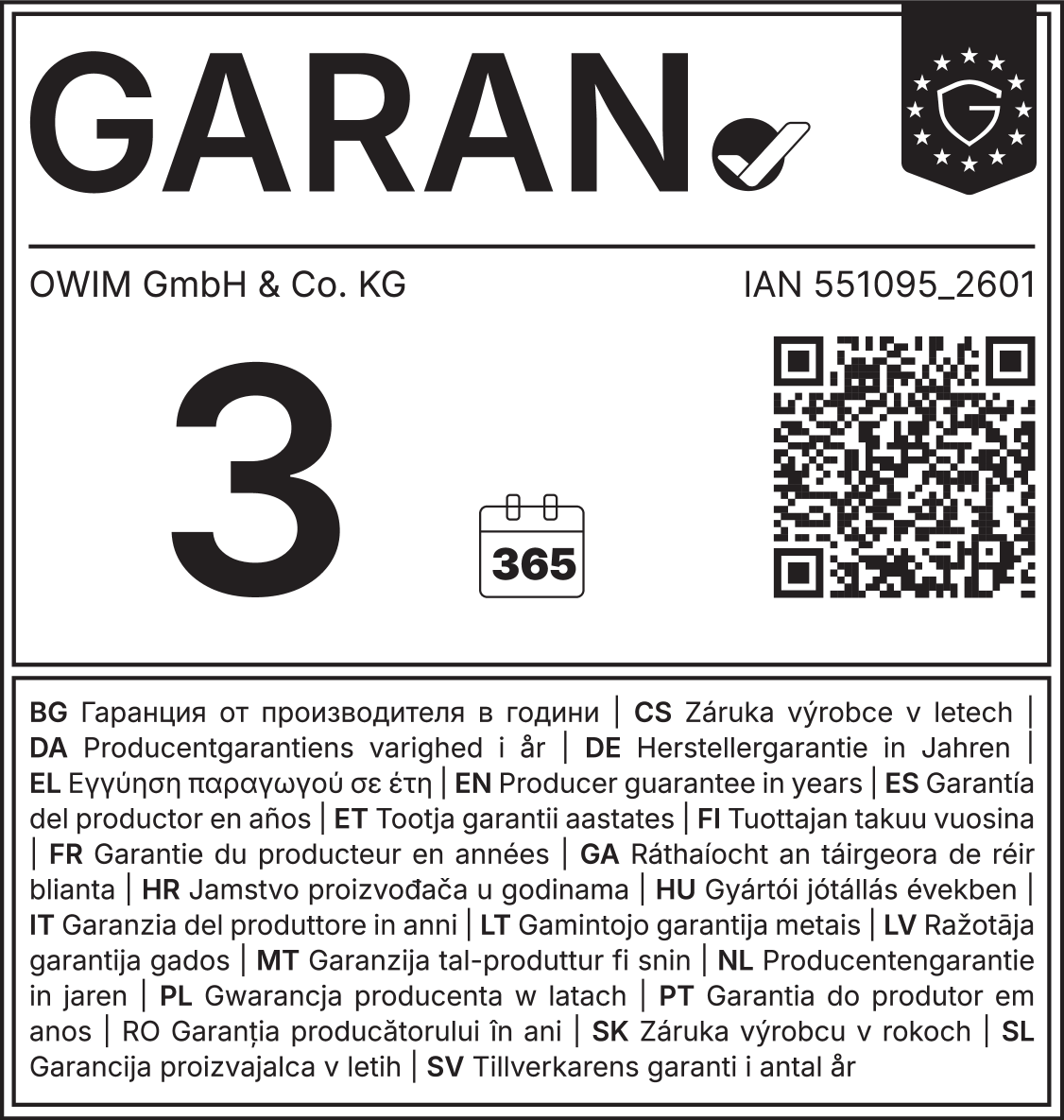 Producer guarantee for 3 years, 365 days. IAN number: 551095_2601.