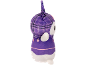Purple plush toy with plaid pattern and white and pink details, side view.