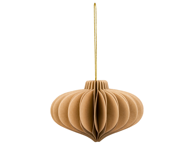 Brown paper bubble-shaped Christmas decoration, hanging from a golden thread.