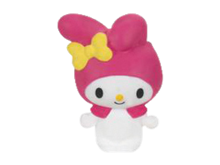 White snowman figurine with pink ears and a yellow bow.