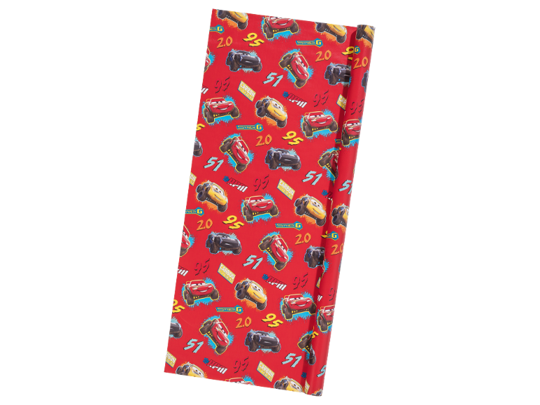 Red wrapping paper with cartoon monster trucks and numbers 2.0, 51, 95.