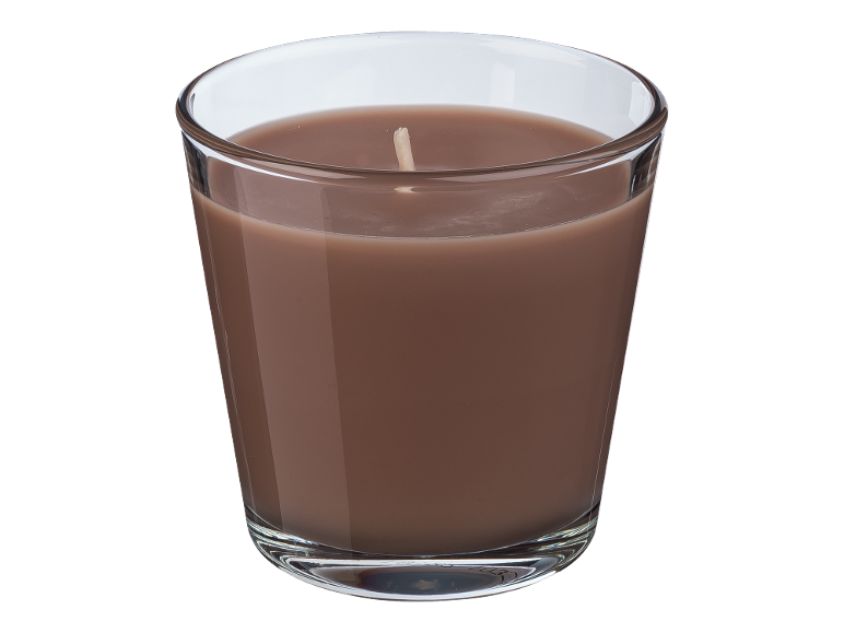 Brown scented candle in a clear glass jar.