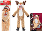Plush Christmas reindeer costume for an elf shown in three different views.