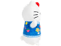 White plush toy in a blue denim outfit with colorful patterns.