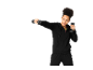 Woman in black tracksuit exercising with dumbbells.