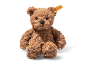 Fluffy brown teddy bear sitting on a white background.