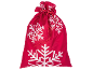 Red drawstring gift bag with white snowflakes, ideal for Christmas.