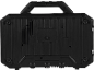 Back of a black portable toolbox or generator with a handle.