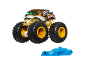 Leopard-themed monster truck and blue crushable car on a black background.