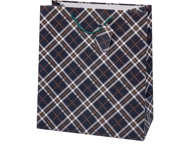 Gift bag with a dark plaid pattern and green handles.