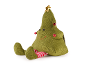 Sitting plush Christmas tree toy with red and white striped legs.