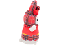 Red plaid plush bunny with white details, viewed from the side.