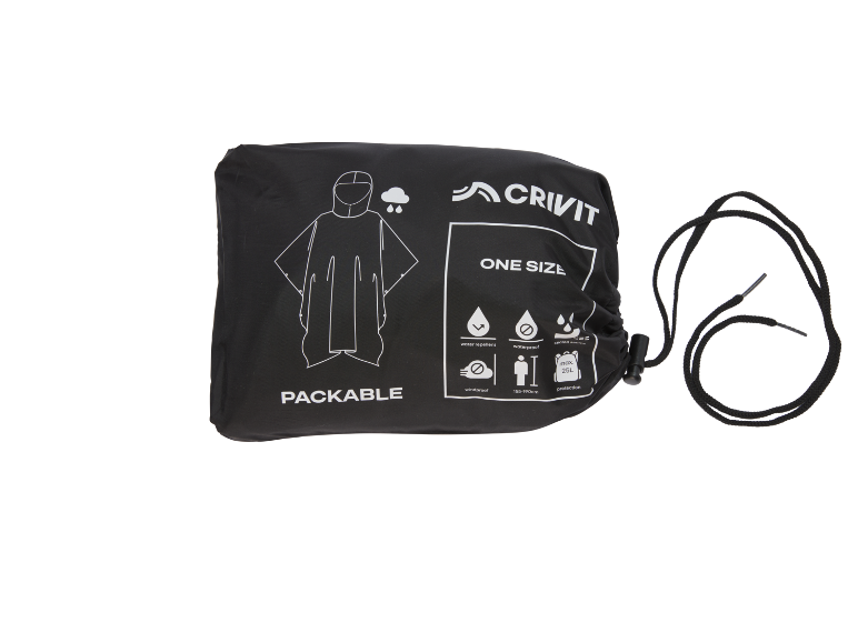 Foldable black rain poncho with icons indicating product features.