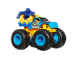 Blue and yellow toy monster truck with a gorilla figure and 'Crush Delivery' text.