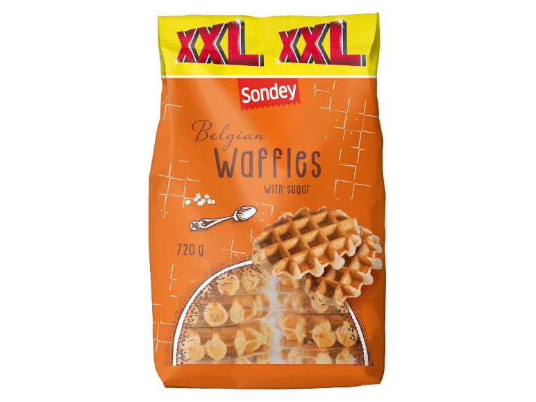 Orange bag of Belgian waffles with sugar, marked 'XXL' and 720 g.