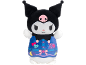 Black and white plush toy with a pink skull, wearing a blue denim-style outfit with hearts and a bow.