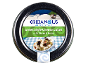 Greek style cheese cubes with olives and herbs, on a blue and white checkered tablecloth