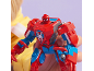 Red and blue superhero toy figure with a spider design, held by hands.