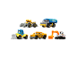 Set of six toy construction vehicles, including a bulldozer, excavator, and tanker truck.
