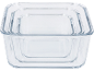 Set of three square glass storage containers, nested inside each other.