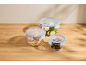 Three glass food containers with blue lids, filled with vegetables and grains.