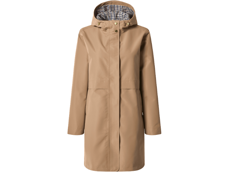 Beige women's jacket with a hood and a checkered lining.
