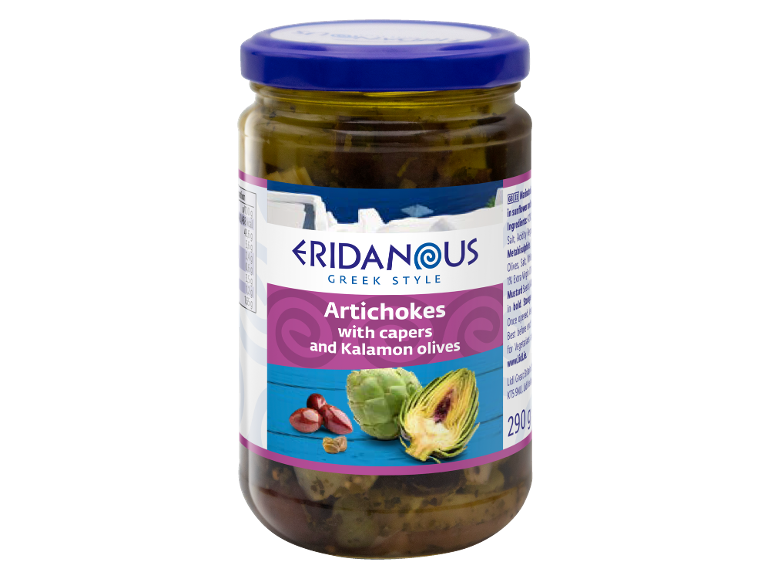 Jar of Greek style artichokes with capers and Kalamon olives.