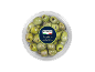 Nocellara green olives with rosemary and thyme in a round container.