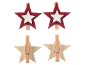 Four star-shaped wooden pegs, two red and white, two natural wood.