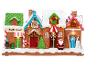 Light-up gingerbread Christmas house with Santa and snowman figures.