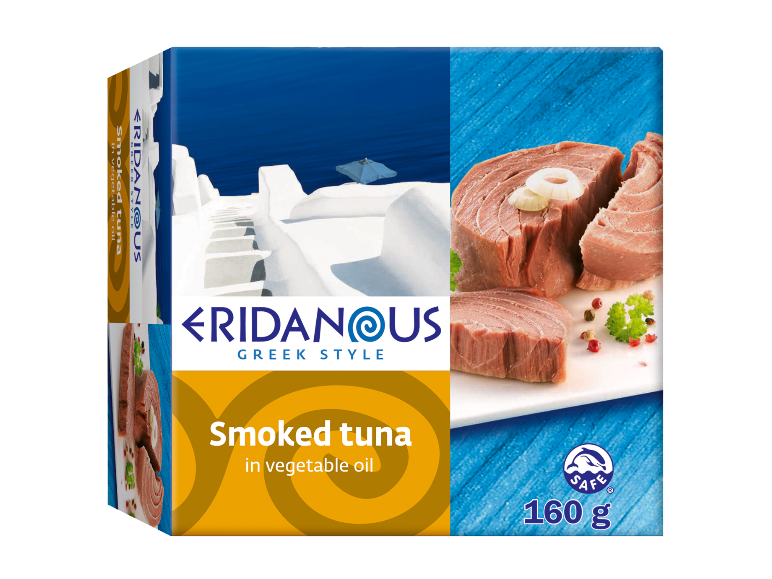 Packaging of Eridanous Smoked tuna in vegetable oil, 160 g