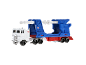 White toy truck with a blue and red trailer on a white background