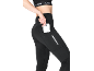 Women's sports leggings and sports bra with a mobile phone pocket.