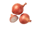Two whole and one halved red onion on a black background.