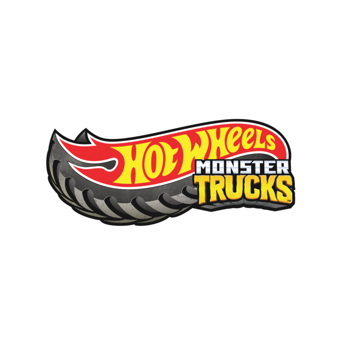 Logo with the words 'Hot Wheels Monster Trucks' on a truck tire.