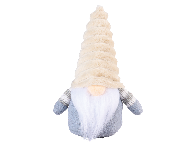 Plush Christmas gnome with a white beard and a beige hat.