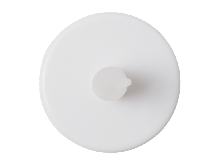 White round plastic container with a small spout in the center, viewed from above.