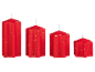 Four red candles with gold glitter and stars, in varying sizes.