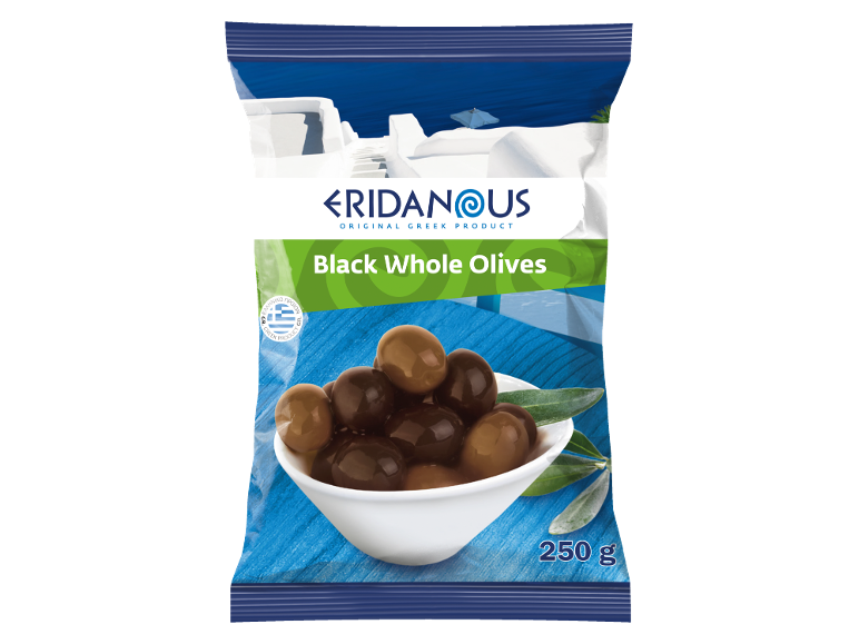 Packaging of black whole olives with a Greek landscape background, text 'Black Whole Olives' and '250 g'.