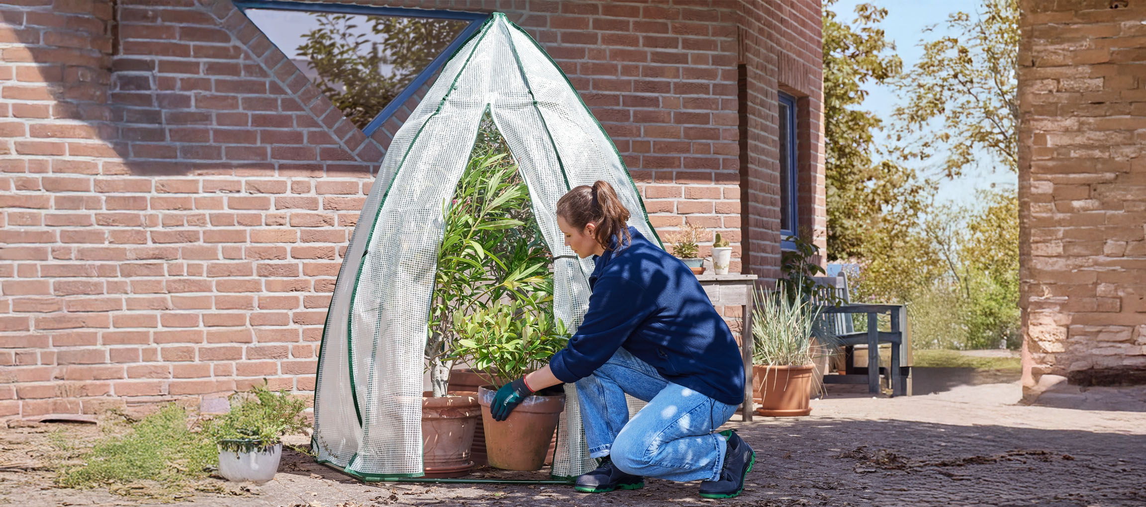 Woman placing potted plants inside a greenhouse next to a brick building.