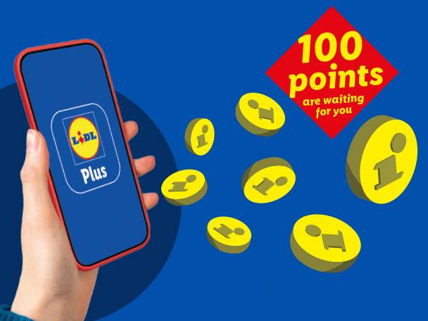 Hand holding a smartphone with a loyalty app, surrounded by floating coins and a '100 points' reward.