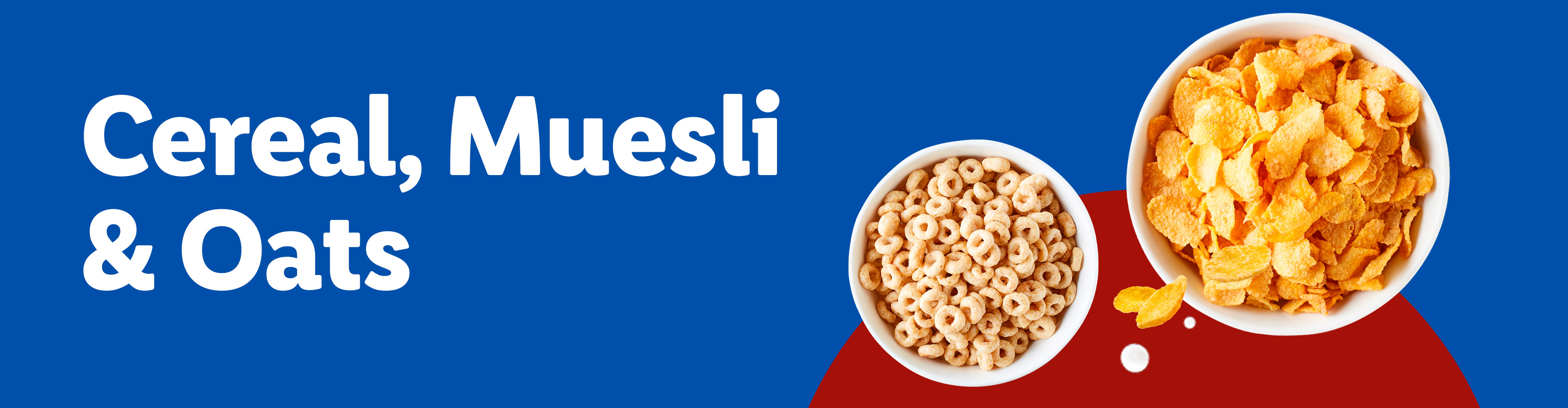 Two bowls of cereal: one with oat rings, one with corn flakes, on a blue and red background.