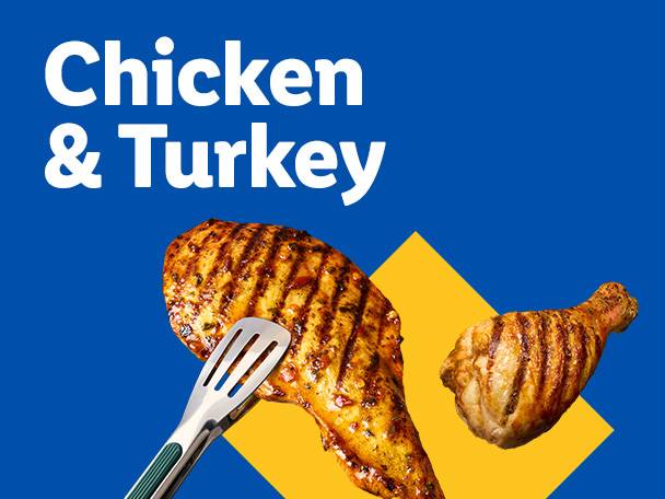 Grilled chicken breast and drumstick with tongs on a blue and yellow background.