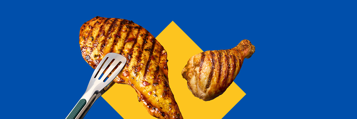Grilled chicken breast with tongs and a grilled chicken leg on a blue and yellow background.