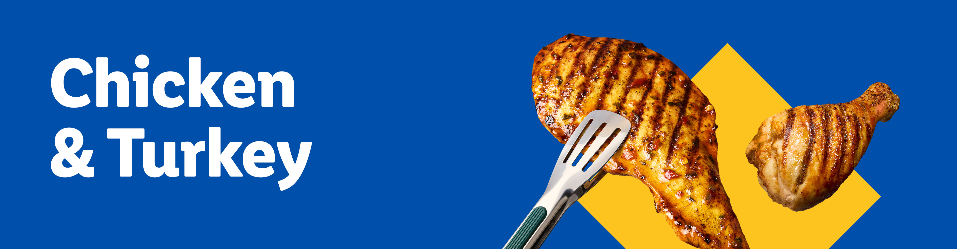 Grilled chicken breast with tongs and a grilled chicken leg on a blue and yellow background.