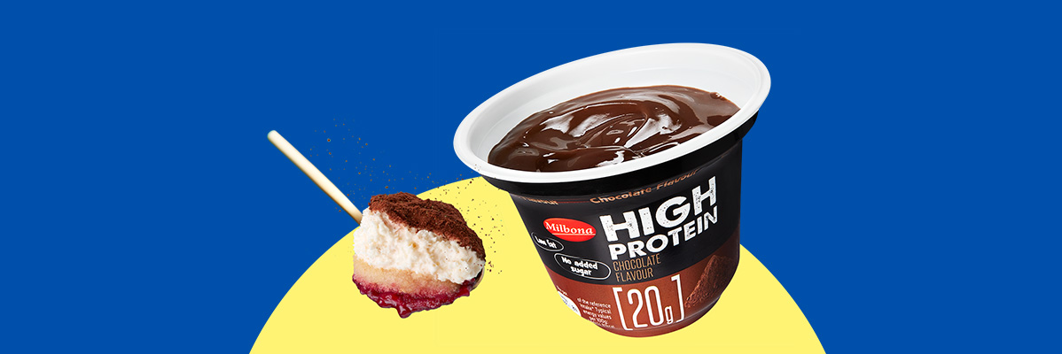 A chocolate protein pudding and a dessert on a stick with a blue and yellow background.